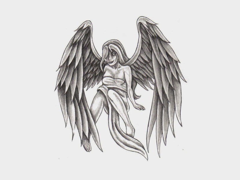 Scary grey-ink sitting angel girl tattoo design