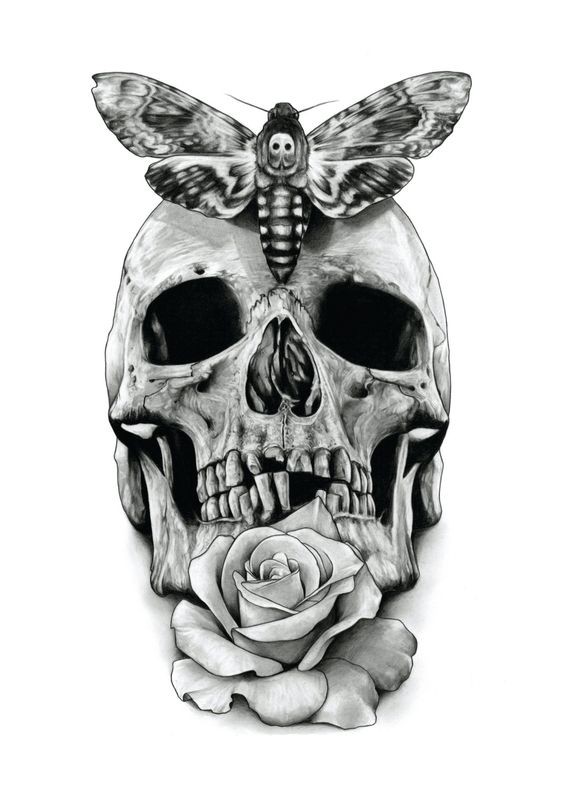 Scary grey-ink skull with moth and rose tattoo design