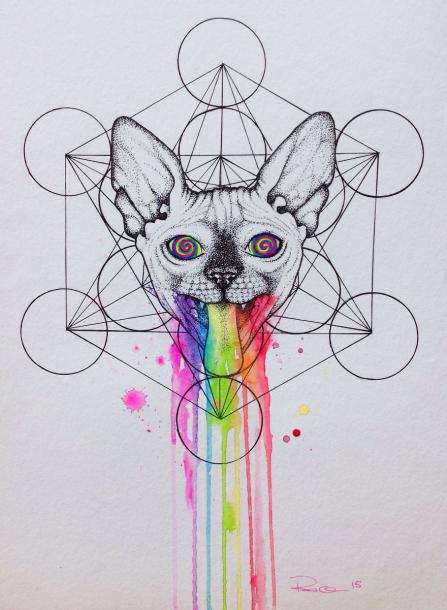 Scary hypno-cat with rainbow vomit on geometric background tattoo design
