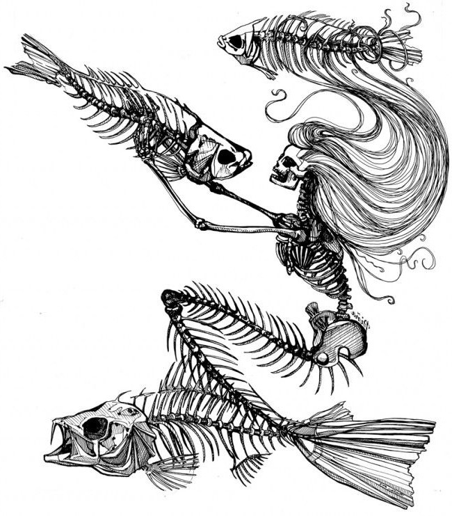 Scary mermaid skeleton with diving fish bones tattoo design