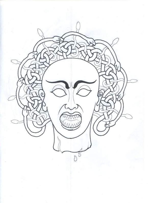 Scary ourline medusa gorgona head with synchronous snake hair poses tattoo design