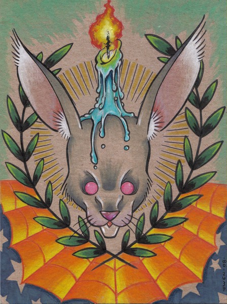 Scary pink-eyed rabbit with melting candle on head tattoo design