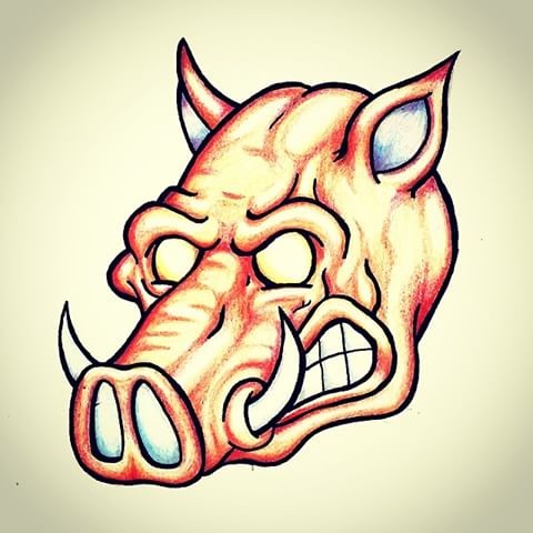 Scary red-ink blind pig head tattoo design