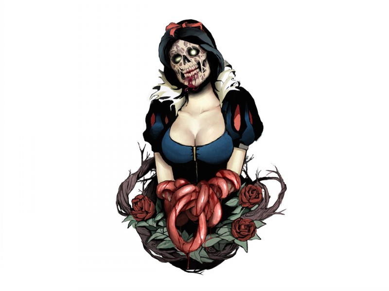Scary shining-eyed cartoon zombie girl tattoo design
