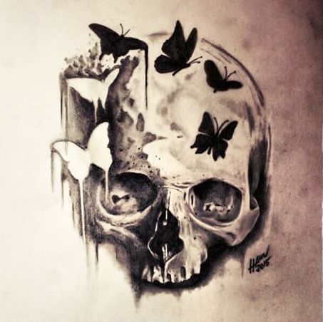 Scary skull with small white and black butterflies tattoo design