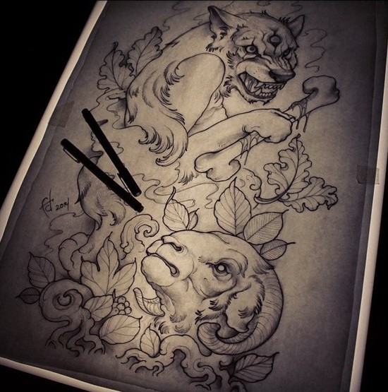 Scary three-eyed wolf with bone and sheep tattoo design