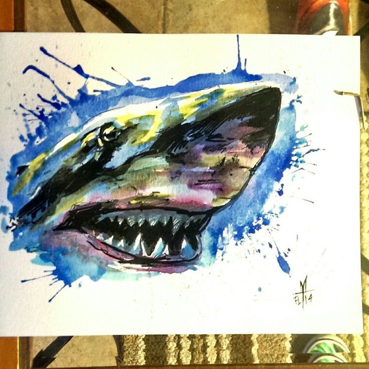 Scary watercolor shark head in blue water tattoo design