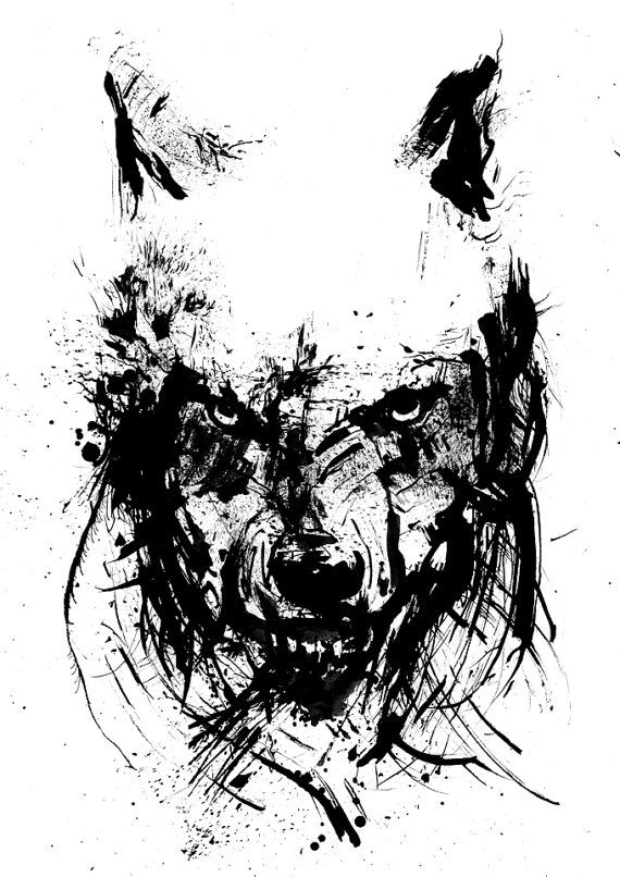 Scary wolf head tattoo design in black splashes