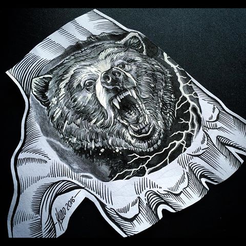 Screaming bear head with horrible lightenings tattoo design