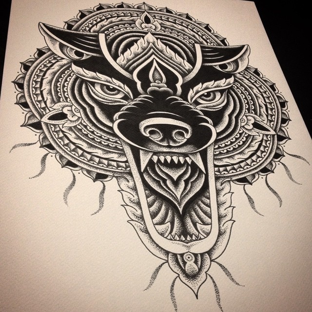 Screaming black wolf with mandala elements tattoo design