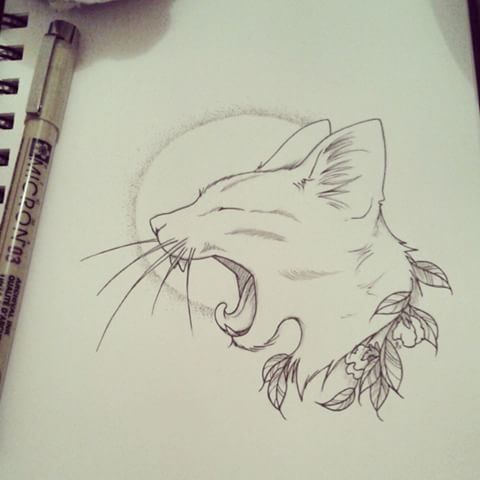 Screaming cat in herbal collar tattoo design