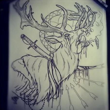 Screaming deer killed with sword and arrows tattoo design