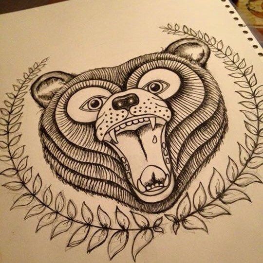 Screaming old school bear in leaved branch frame tattoo design