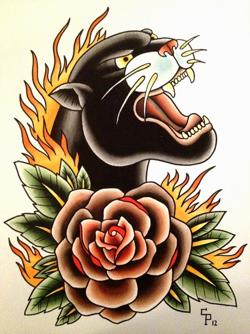 Screaming panther and flower in flame tattoo design