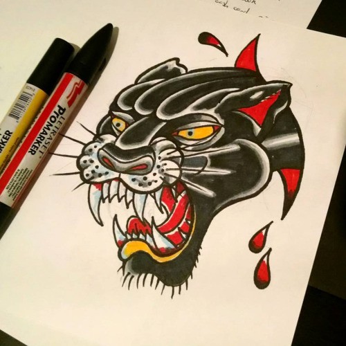Screaming panther head with blood drops tattoo design