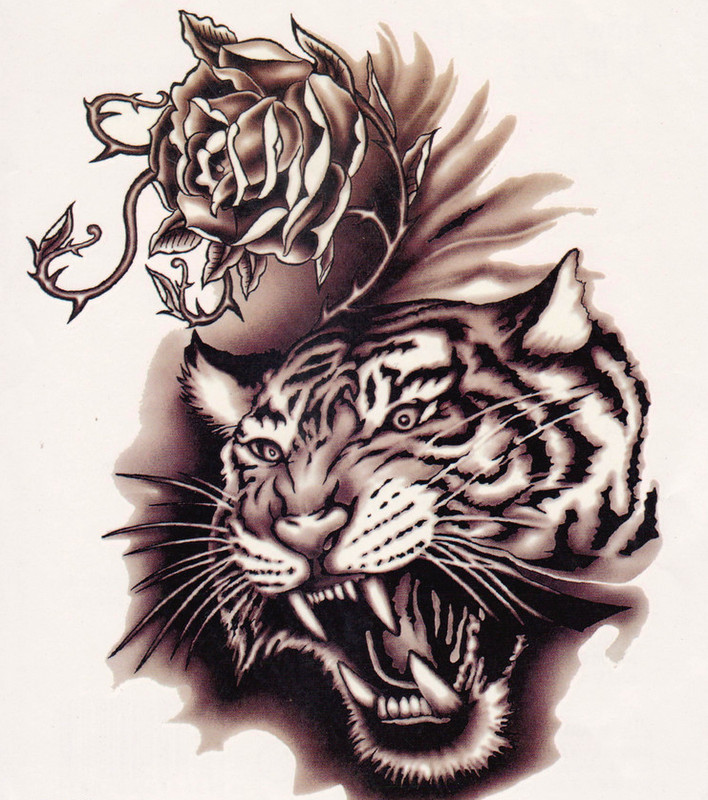 Screaming tiger and rose flower tattoo design