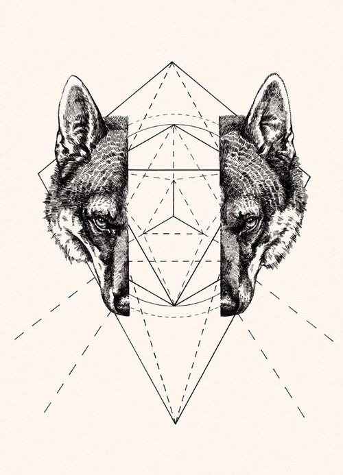 Separated wolf face with geometric drawing tattoo design