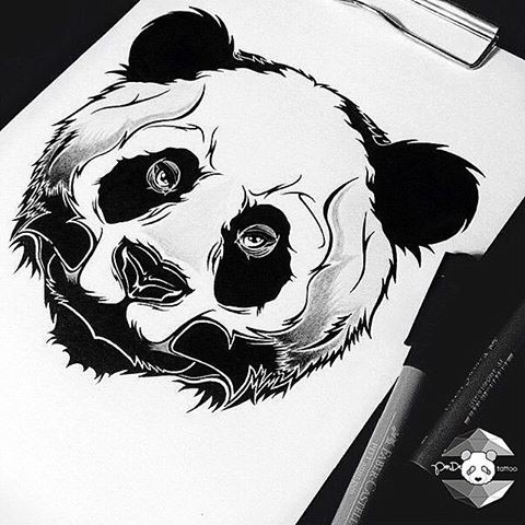 Serious black-and-white panda head tattoo design