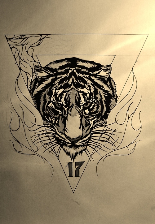 Serious black-and-white tiger portrait in flamed triangle frame tattoo design