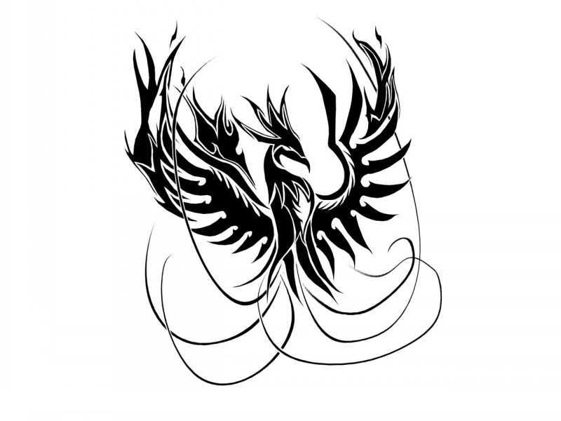Fênix tribal preta séria com desenho de tatuagem de cauda de penas finas