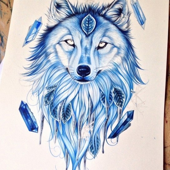 Serious blue wolf with feathers and gems tattoo design
