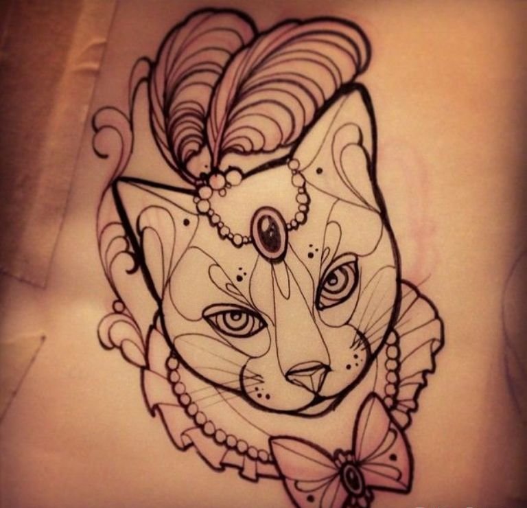 Serious cat head with feathers and bow decorations tattoo design