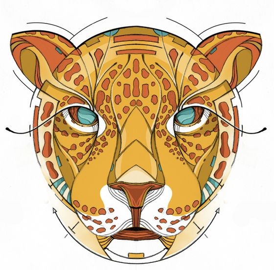 Serious orange blue-eyed jaguar muzzle tattoo design