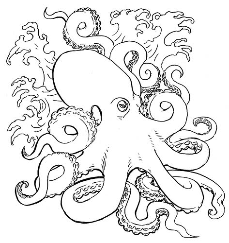 Serious uncolored octopus and chinese style waves tattoo design