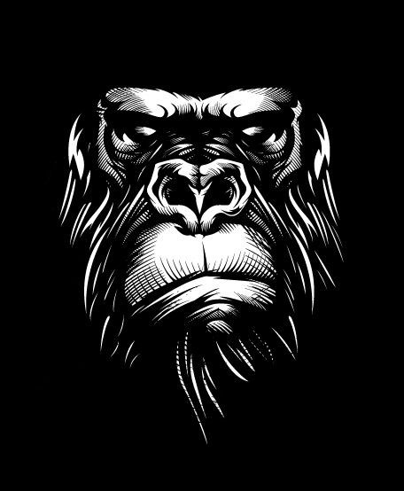 Serious white-ink gorilla muzzle on black background tattoo design