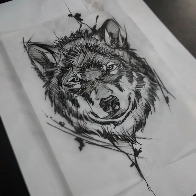 Serious wolf muzzle in black smudges tattoo design