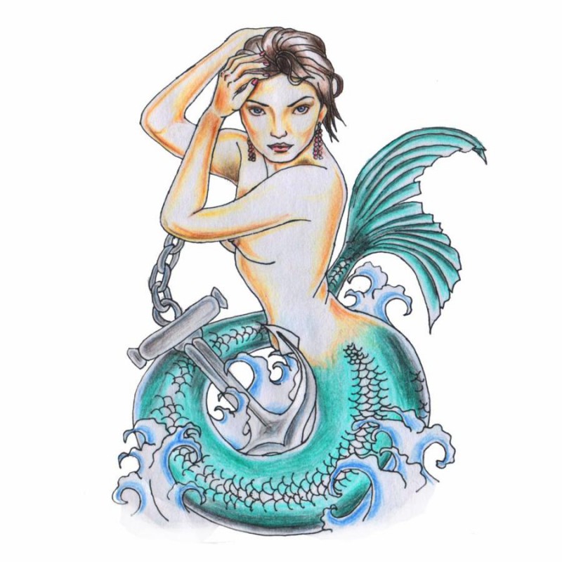 Sereia de cor grave com design de tatuagem de cauda enrolada azul