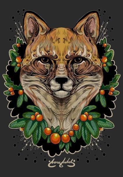 Severe colorful fox portrain in berried frame tattoo design