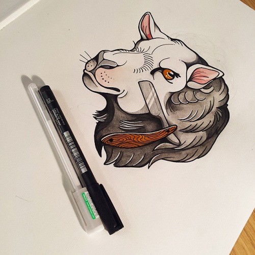 Severe colorful sheep head with razor tattoo design