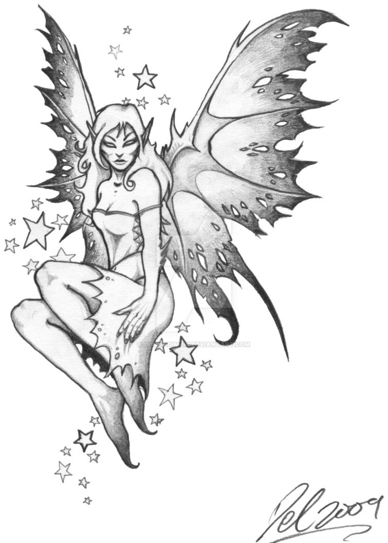 Severe grey-ink fairy tattoo design by Demondim UK