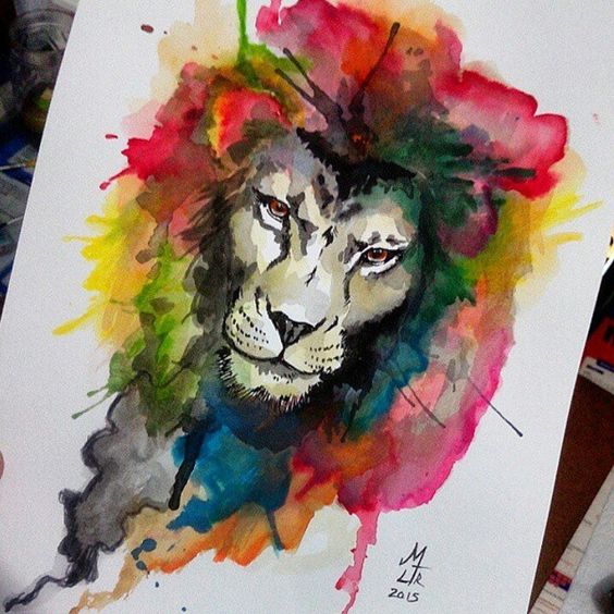 Severe lion with watercolor mane tattoo design