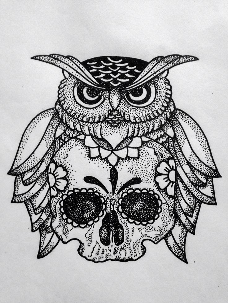 Severe Uncolored Dotwork Owl And Sugar Skull Tattoo Design