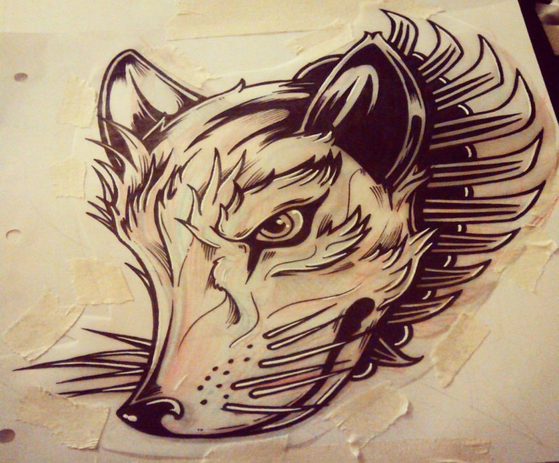 Severe uncolored fox head in spike collar tattoo design