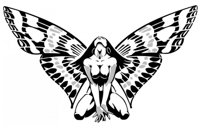 Sexy black-and-grey fairy with luxury butterfly wings tattoo design