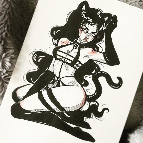 Sexy black and white cat woman tattoo design