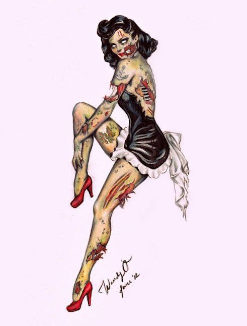 Sexy blind pin up zombie woman in red heels tattoo design