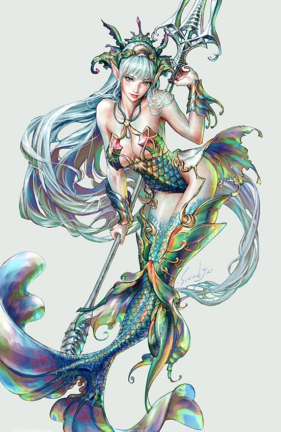 Sexy colored mermaid warrior with sharp trident tattoo design