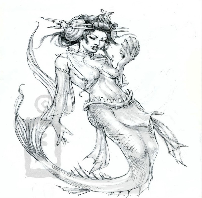 Sexy grey-ink geisha mermaid tattoo design by Angotti81