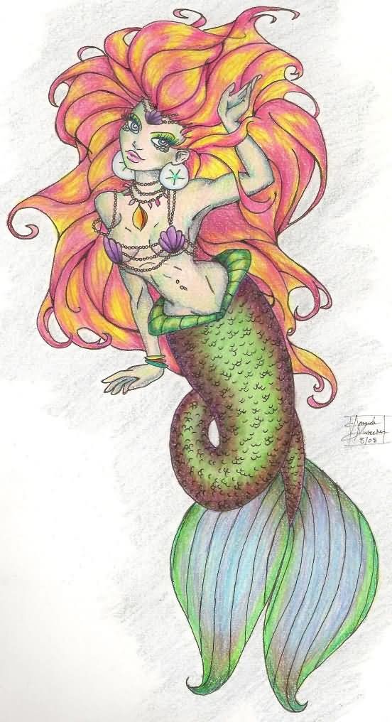 Sexy multicolor cartoon mermaid tattoo design