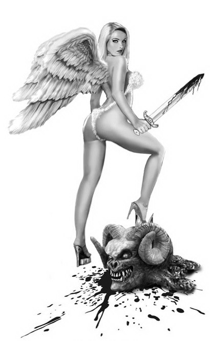 Anjo feminino nu sexy matando um monstro com um desenho de tatuagem de espada