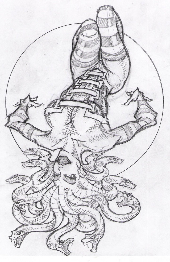 Sexy pencilwork lying medusa gorgona in corset tattoo design