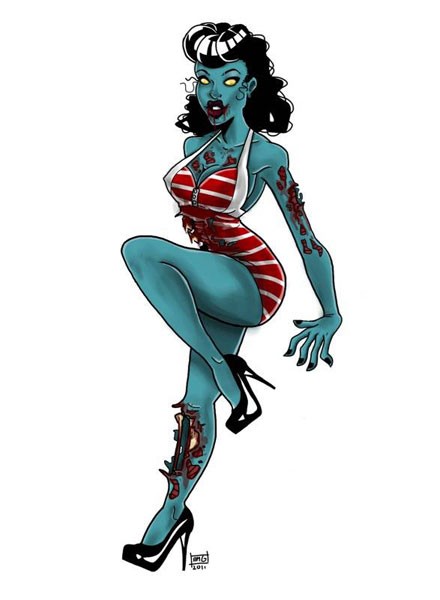 Sexy pin up zombie woman in red swimsuit tattoo design