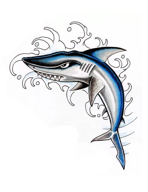 Sharp-teeth shark in swirly waves tattoo design