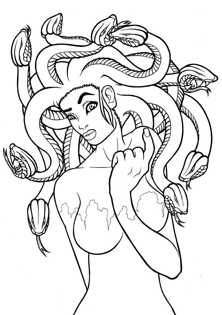 Shy cartoon outline medusa gorgona tattoo design by Stree Trash Imagery