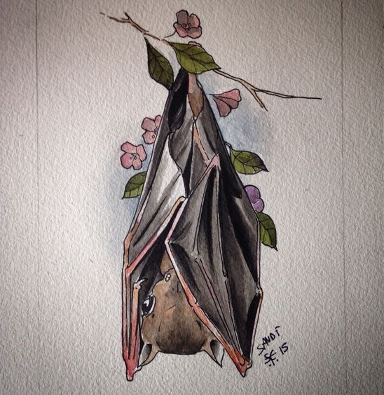 Shy colored hanging bat on floral background tattoo design