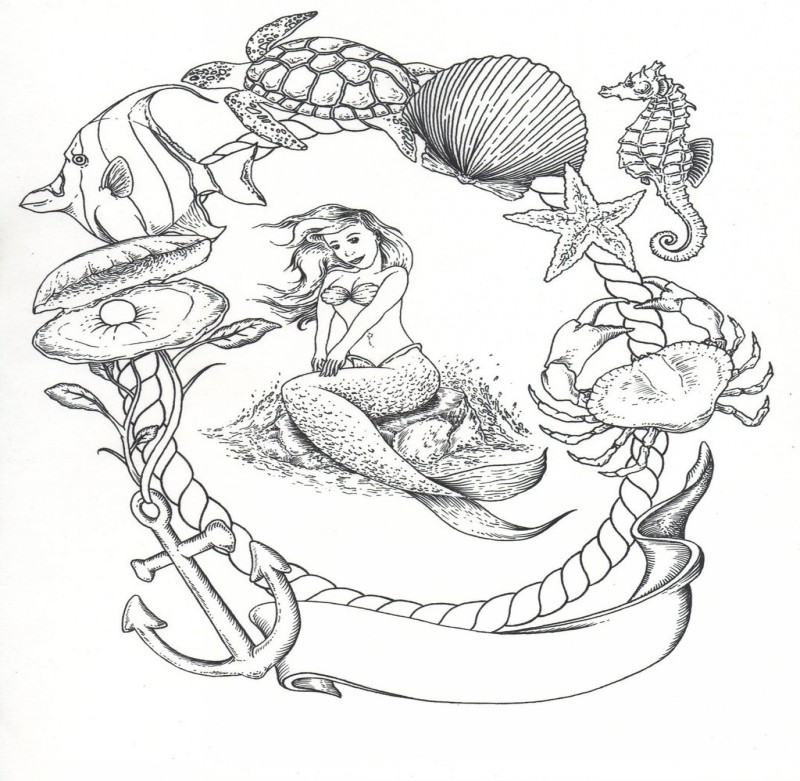 Shy grey-ink mermaid in marine creatures frae tattoo design by Jesus At Art